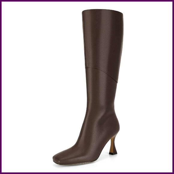 Knee High Boots Kitten Heel Square Toe Stiletto Heels Side Zipper
